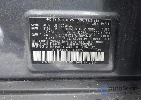 2014 Subaru Outback 2.5I Premium from USA, damaged, VIN 4S4BRCCC4E3313527